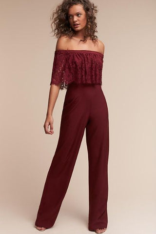 Wine Lace Off-Shoulder Jumpsuit