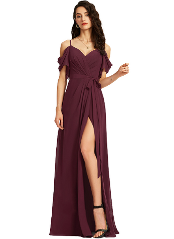 Wine Sweet-Heart Neck Cold Shoulder Ruched Maxi