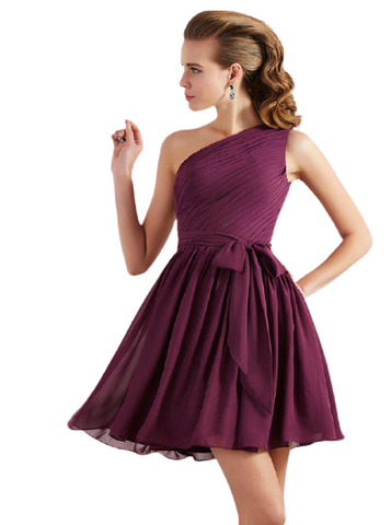 Wine One Shoulder Ruched Short Dress