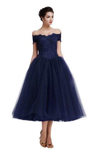 Navy Blue Off-Shoulder Tea Length Vintage Ball Gown
