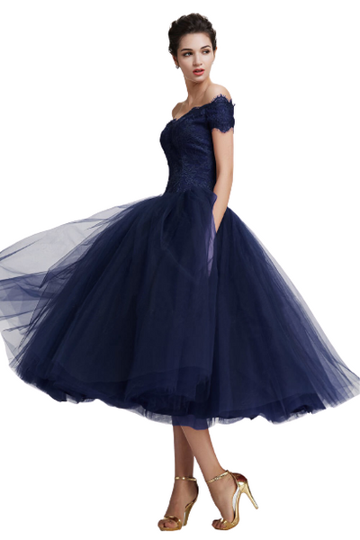 Navy Blue Off-Shoulder Tea Length Vintage Ball Gown