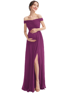 Burgundy Wine Off-Shoulder Ruched Maternity Gown