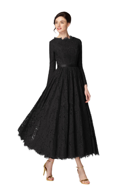 Modest Black Full Sleeves Lace Tea Length Dress