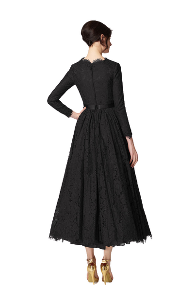 Modest Black Full Sleeves Lace Tea Length Dress