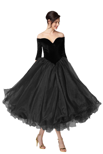 Black Off-Shoulder Vintage Tea Length Bounce Dress