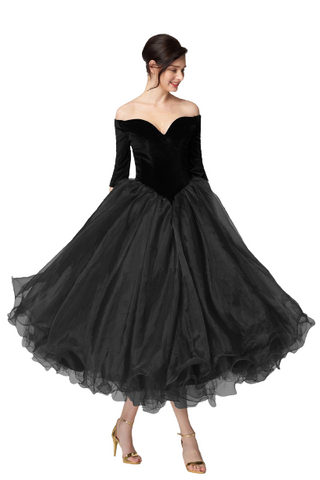 Black Off-Shoulder Vintage Tea Length Bounce Dress