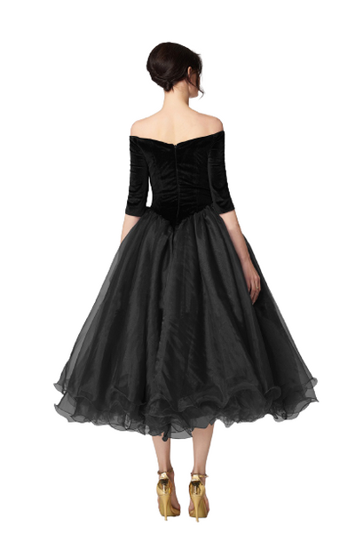Black Off-Shoulder Vintage Tea Length Bounce Dress