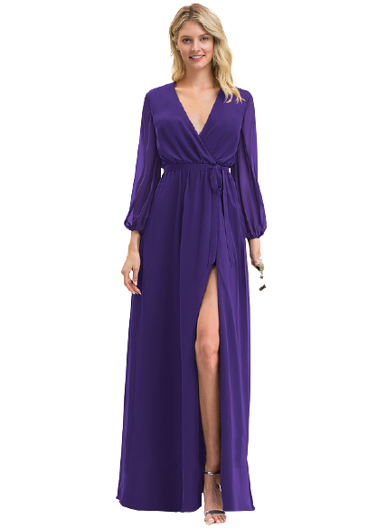 Purple V Neck Balloon Sleeves Tie Waist Maxi
