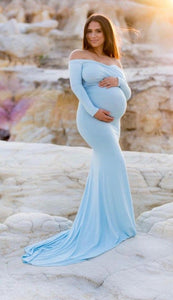Sky Blue Off-Shoulder Maternity Shoot Gown