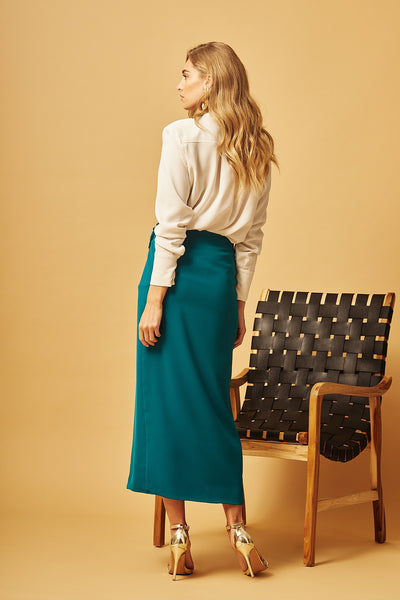 Off-White Shirt With Teal Overlap Skirt Set