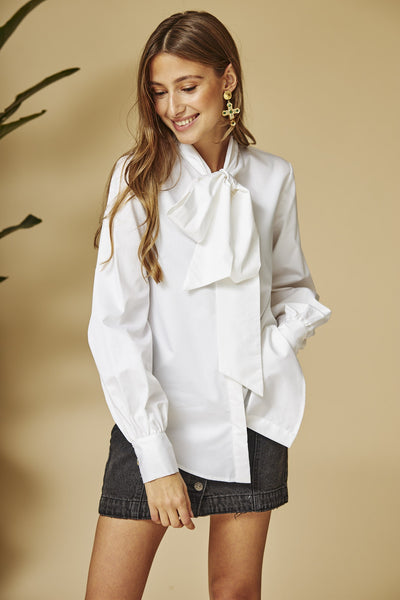 White Tie Neck Bow Semi Formal Shirt