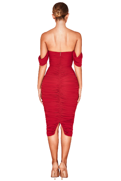 Maroon Strapless Gathered Bodycon Midi