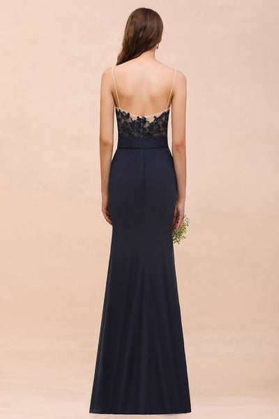 Navy Mermaid Lace Bridesmaid Dress with Spaghetti Straps