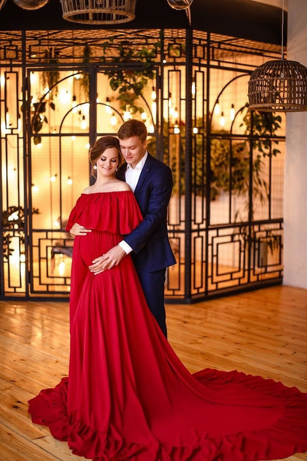 Red Off-Shoulder Overlay Maternity Trail Gown