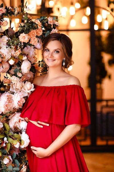 Red Off-Shoulder Overlay Maternity Trail Gown