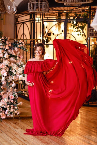 Red Off-Shoulder Overlay Maternity Trail Gown