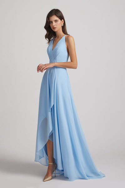 Sky Blue V-Neck Sleeveless Criss-Cross Back Asymmetrical Hi-Lo Maxi