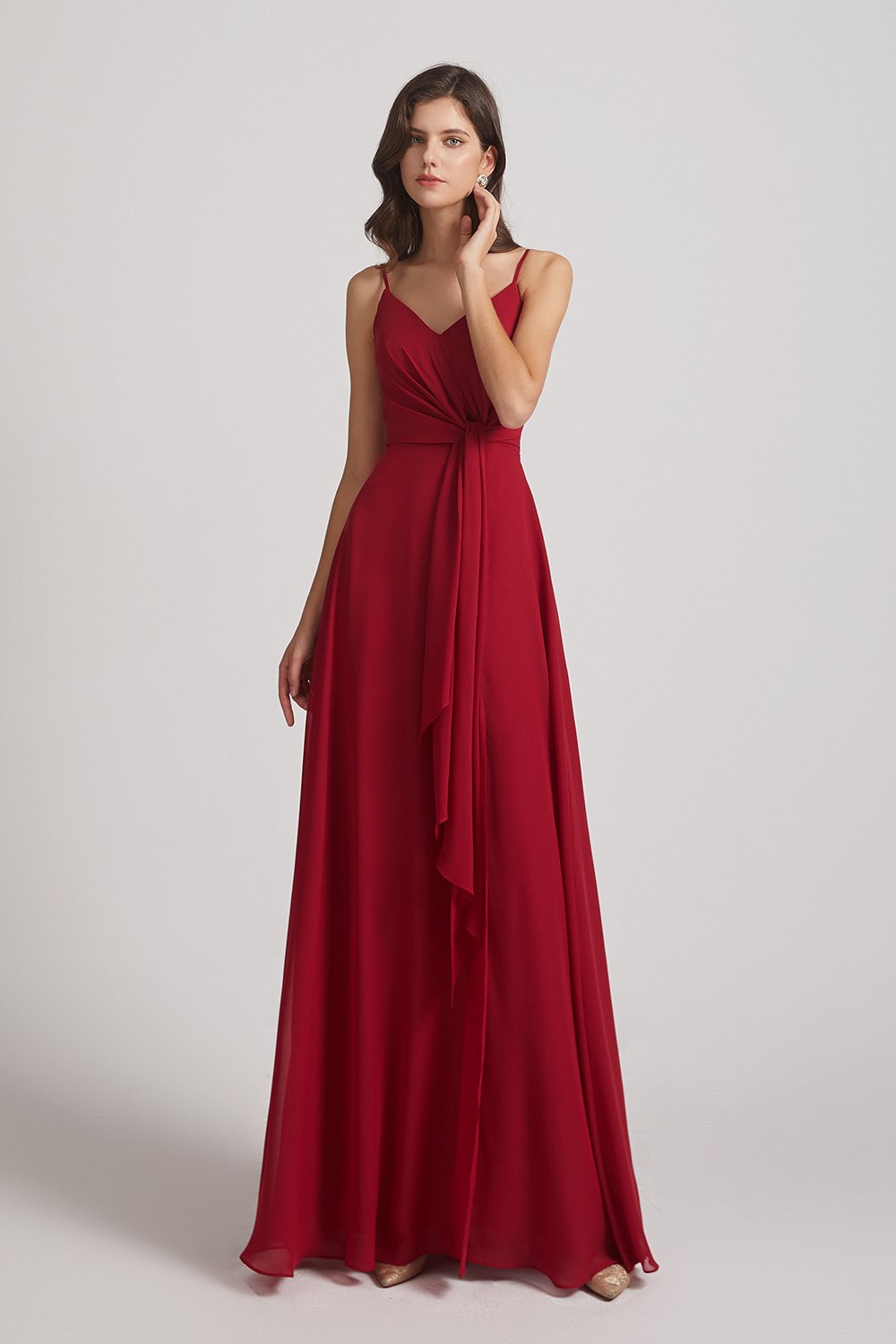 Maroon Spaghetti Straps V-Neck Waist-Tie Maxi