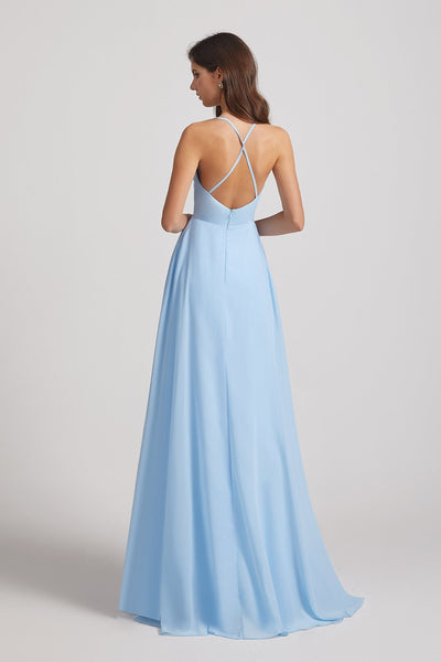 Sky Blue V-Neck Sleeveless Criss-Cross Back Asymmetrical Hi-Lo Maxi