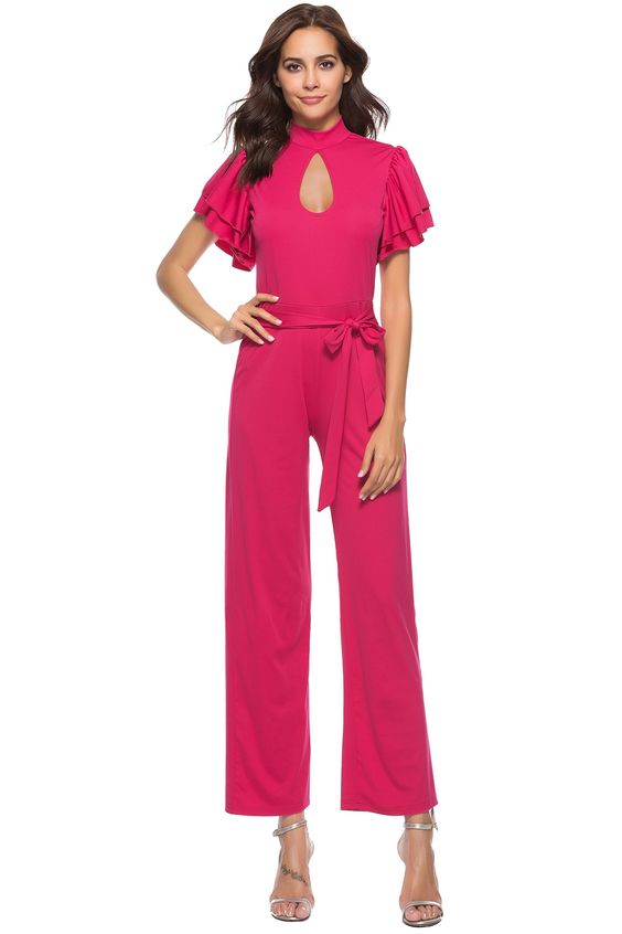 Hot Pink Jumpsuit With Ruffle Sleeves