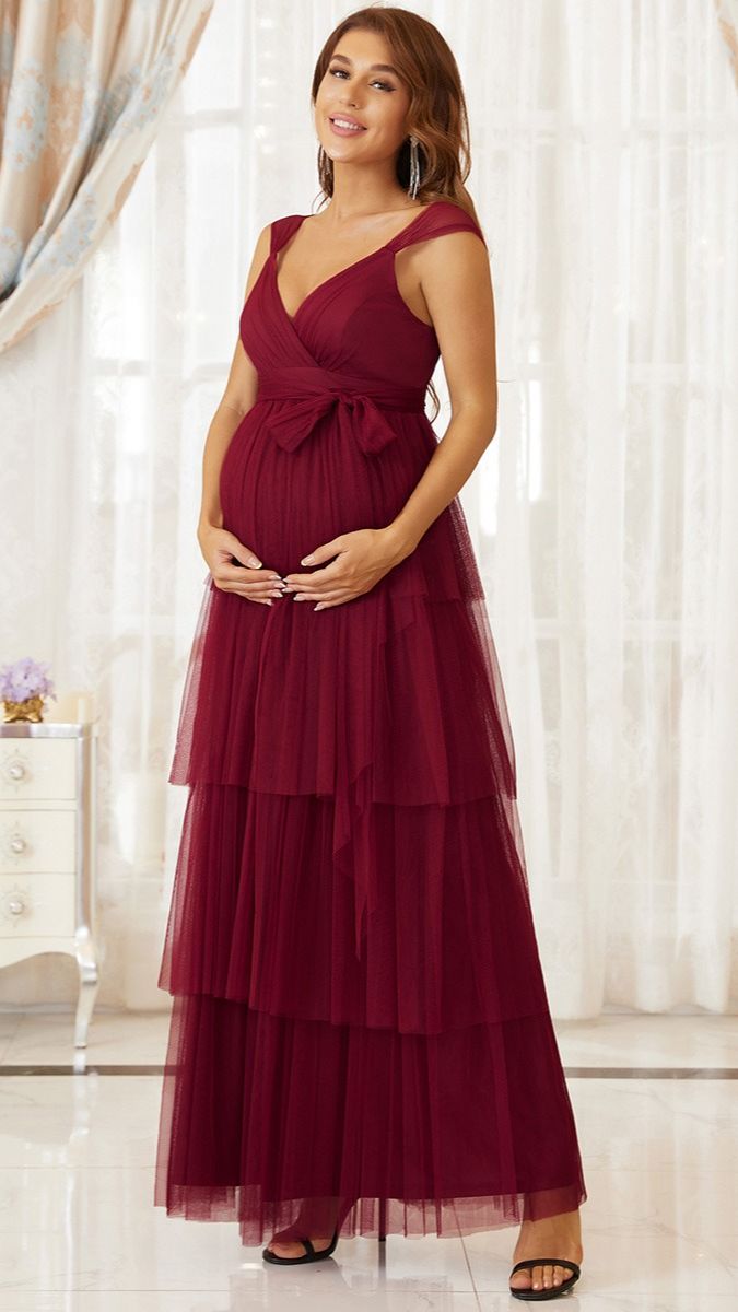 Wine V Neck Ruched Tiered Maternity Gown