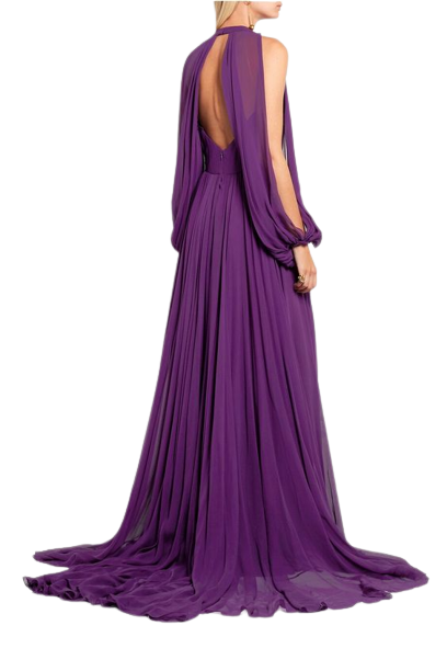 Plume-Wine V Neck Plunge Back Cut-Out Flared Maxi
