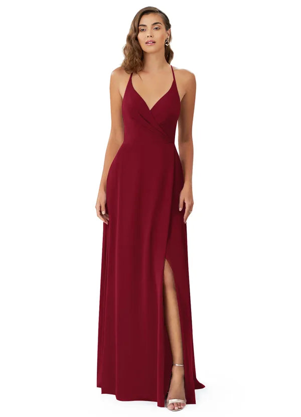 Maroon V Neck Pleated Cross Back Maxi