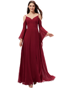 Maroon Cold Shoulder Bell Sleeves Flared Maxi