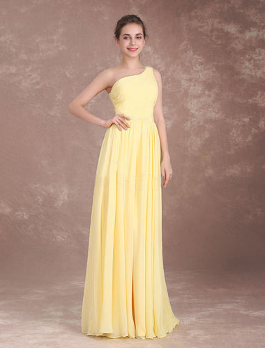 Yellow One Shoulder Ruched Back Cut-Out Maxi