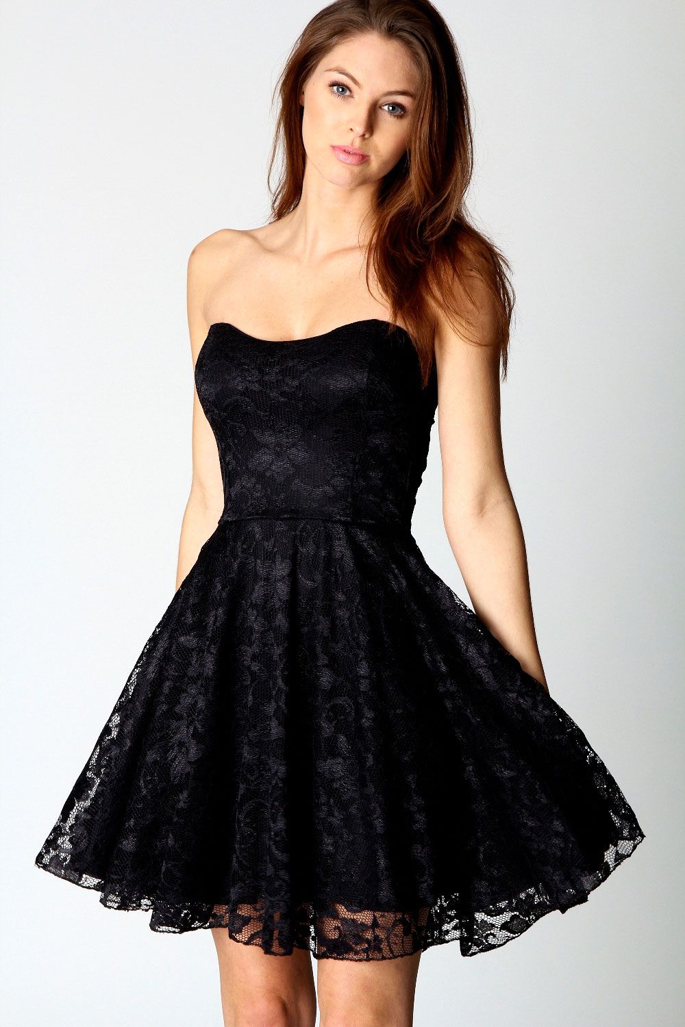 black skater prom dress Bragging Rights Black Lace Long Sleeve Skater Dress