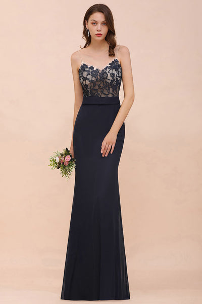 Navy Mermaid Lace Bridesmaid Dress with Spaghetti Straps