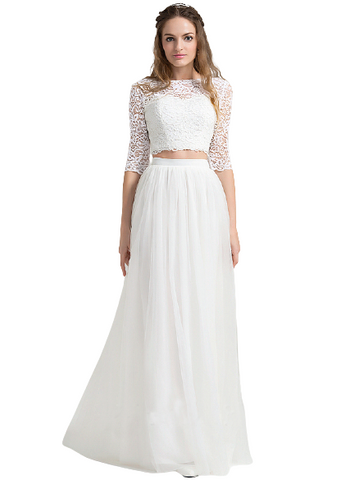 White Lace Full Sleeves Crop Top With Flared Skirt Set