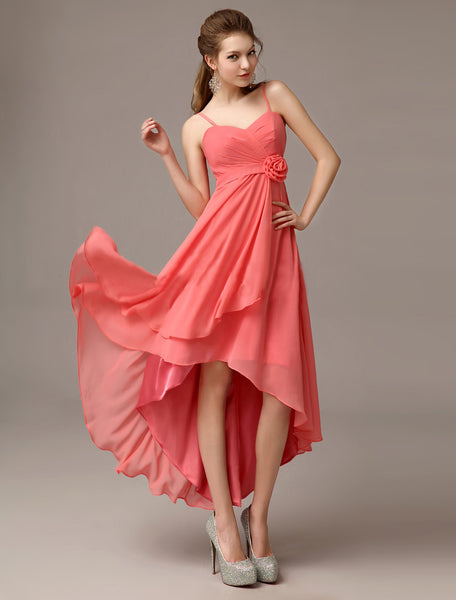 Coral Asymmetrical Sheath Flower Bridesmaid Dress