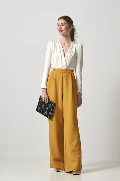 Off-White Drape Top With Mustard Pants Set