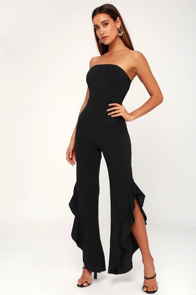 After Midnight Black Strapless Ruffle Leg Jumpsuit