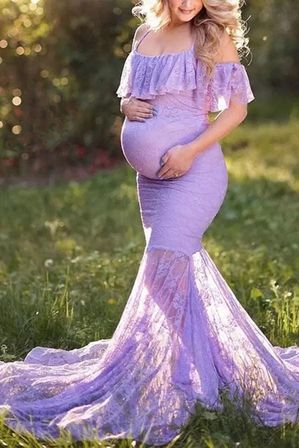 Lavender Lace Ruffle Condole Belt Off Shoulder Maternity Gown