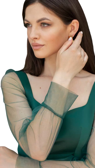 Bottle Green Sheer Sleeves Satin Slit Maxi