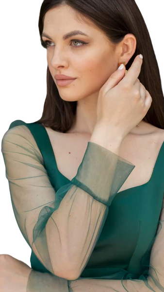 Bottle Green Sheer Sleeves Satin Slit Maxi