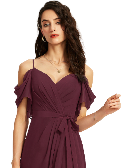 Wine Sweet-Heart Neck Cold Shoulder Ruched Maxi