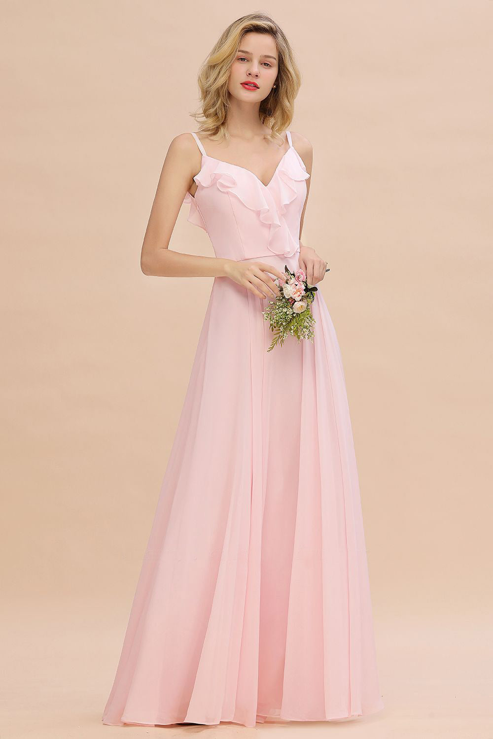 Baby Pink Spaghetti Strap Bridesmaid Maxi
