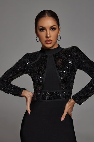 Black Sequins Long Sleeve Bandage Dress