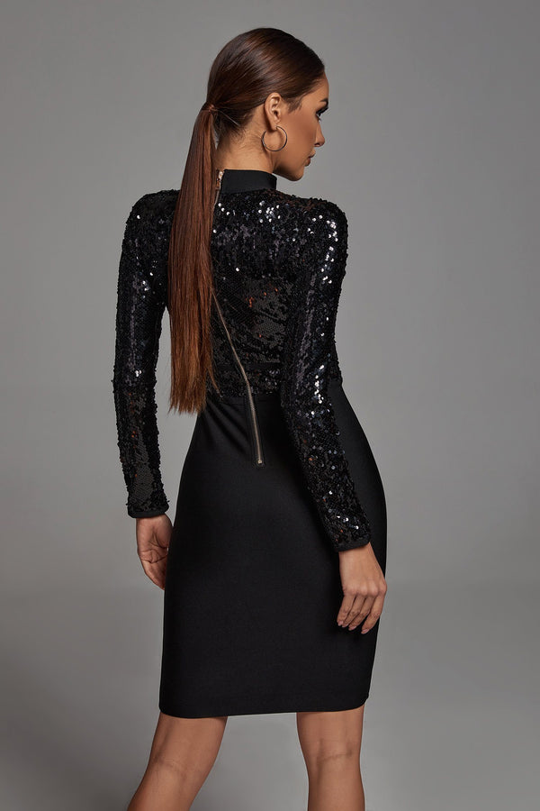 Black Sequins Long Sleeve Bandage Dress