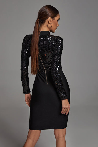 Black Sequins Long Sleeve Bandage Dress