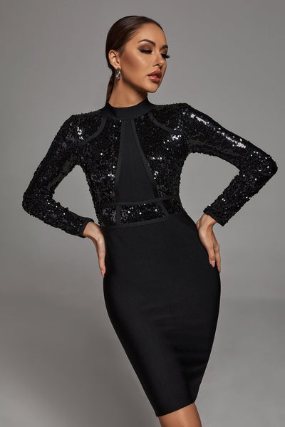 Black Sequins Long Sleeve Bandage Dress