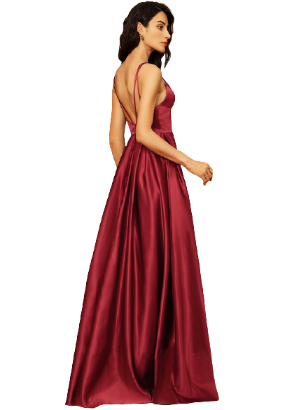 Maroon V Neck Spaghetti Strap Backless Satin Gown