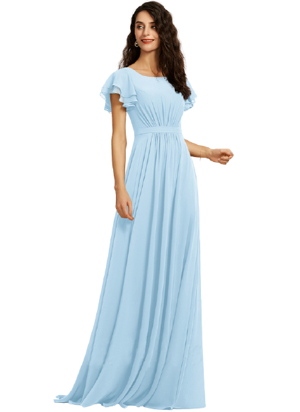 Sky Blue Flouncing Sleeves Gathered Maxi