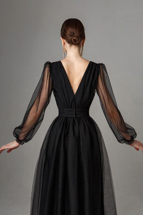 Black Mesh V Neck Midi