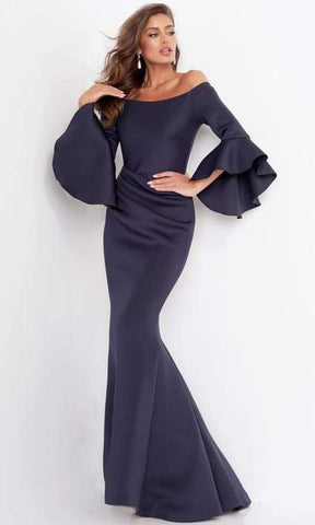 Navy Blue Off -Shoulder Bell Sleeve Draping Mermaid Gown