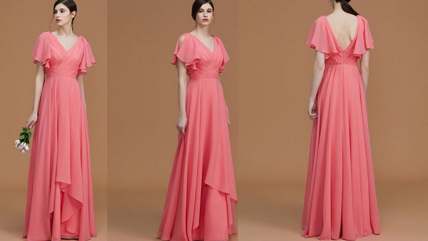 Coral V Neck Short Sleeves Floor-Length Bridesmaid Dress