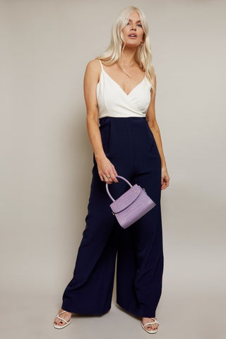 White & Navy Spaghetti Strap Wide Leg Jumpsuit